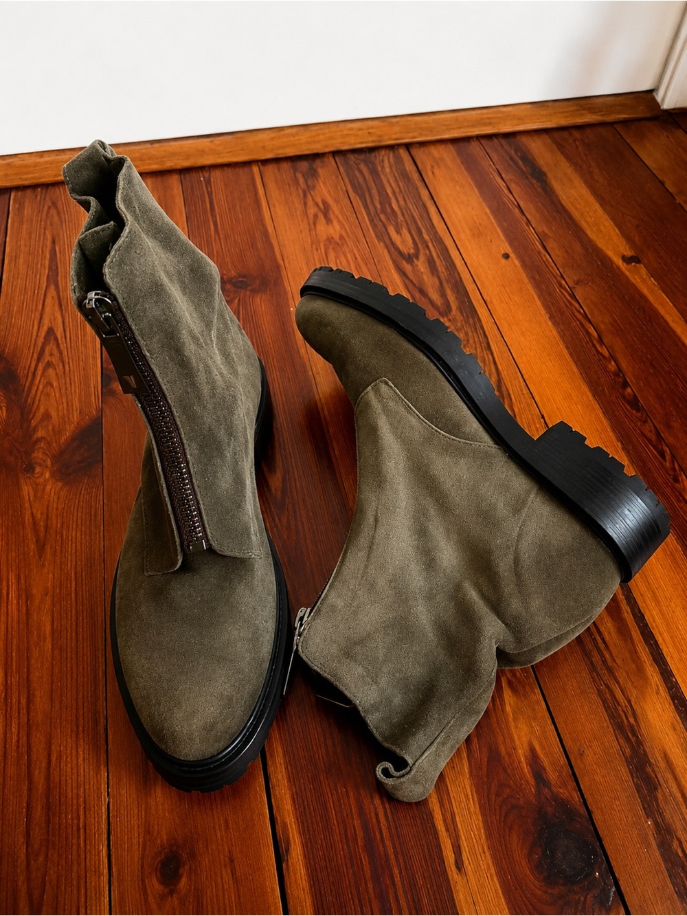 Frye Olive Suede Side-Zip Ankle Booties with Lug Sole